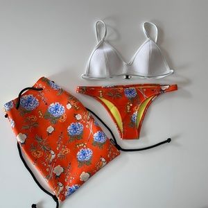 Triangl Bikini Set Orange Floral Print White Sporty Top with Swim Bag Size MED